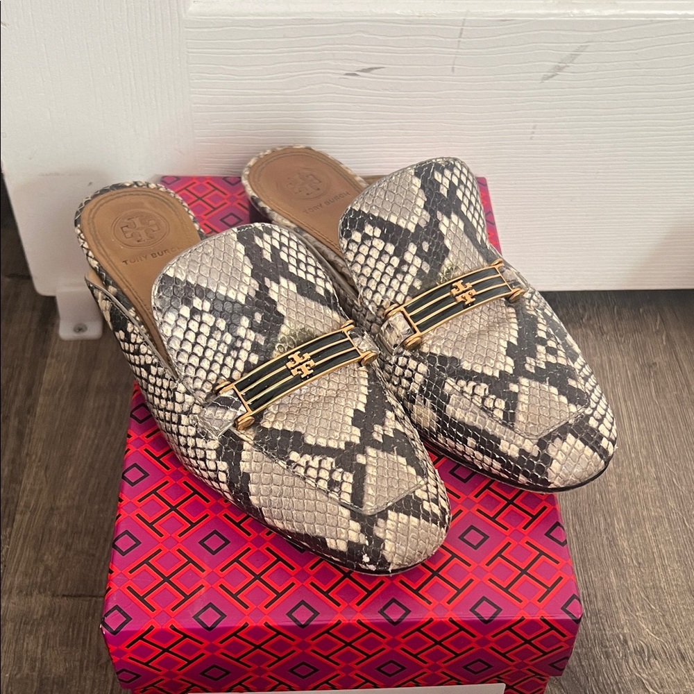 Tory Burch Black and Cream Snake Print Mules